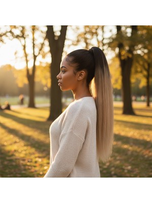 Lastik Tokalı At Kuyruğu Düz / Kahverengi / Kumral Ombre Beyaz Platin Röfle