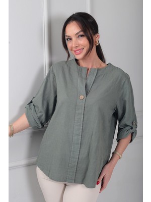 By Saygı Kadın Düğme Detaylı Italyan Cotton Oversize Bluz