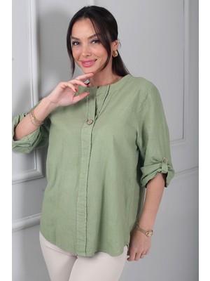 By Saygı Kadın Düğme Detaylı Italyan Cotton Oversize Bluz