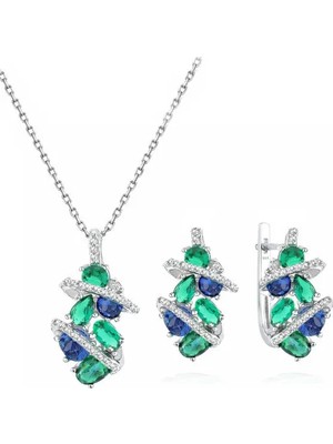 Zümrüt Oval Taşlı Luxury Kadın Gümüş Kolye Küpe Set