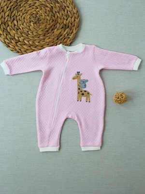 6-9 12-18 18-24 24-36 Ay Animal Nakışlı Bal Peteği Kumaş Es Fermuarlı Kız Bebek Tulumu Pembe