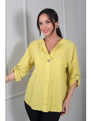 By Saygı Kadın Düğme Detaylı Italyan Cotton Oversize Bluz