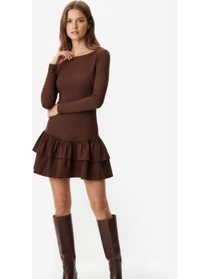 Koton Uzun Kollu Bisiklet Yaka Katlı Volanlı Bodycon Mini Elbise