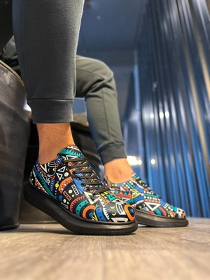 Colezium Yüksek Taban Renkli Baskılı Günlük Ayakkabı Siyah (Siyah Taban)