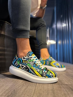 Colezium Yüksek Taban Renkli Baskılı Günlük Ayakkabı Sarı (Beyaz Taban)