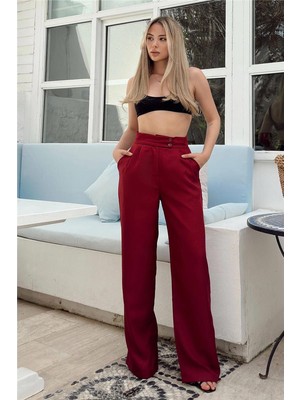 Swist Bordo Çift Düğmeli Pileli Kadın Palazzo Keten Pantolon