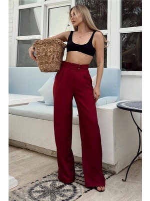 Swist Bordo Çift Düğmeli Pileli Kadın Palazzo Keten Pantolon