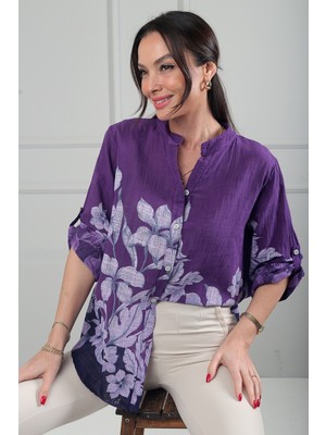 By Saygı Kadın Etek Ucu ve Kolları Çiçekli Oversize Italyan Keten Gömlek