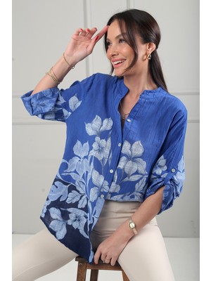 By Saygı Kadın Etek Ucu ve Kolları Çiçekli Oversize Italyan Keten Gömlek