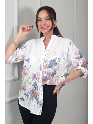 By Saygı Kadın Çiçek Desenli Italyan Cotton Oversize Gömlek