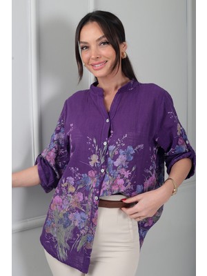By Saygı Kadın Çiçek Desenli Italyan Cotton Oversize Gömlek
