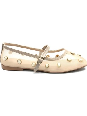 Kocamanlar Ayakkabı Feles Kemer Toka Taş Detaylı Fileli Kadın Babet Ayakkabı