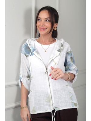 By Saygı Kadın Kapüşonlu Düğmeli Uzun Kıollu Cepli Çiçek Desenli Italyan Cotton Ceket