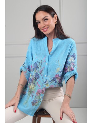 By Saygı Kadın Çiçek Desenli Italyan Cotton Oversize Gömlek