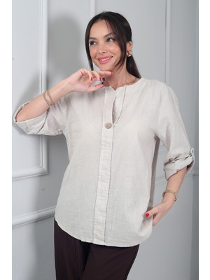 By Saygı Kadın Düğme Detaylı Italyan Cotton Oversize Bluz
