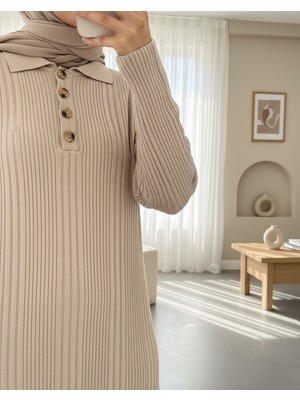 Moda Morfo Polo Yaka Düğmeli Triko Elbise -Taş