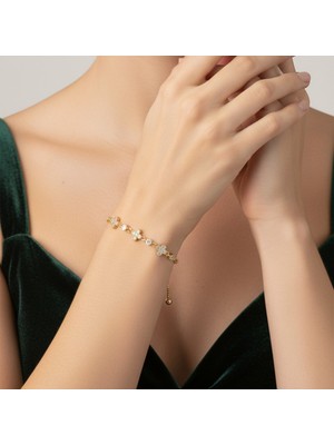 Lorivelle 14K Altın Kaplama Zirkon Taşlı Minimal Çiçek Motifli Asansörlü Venedik Zincir Bileklik