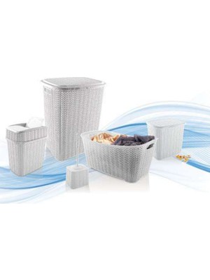 5 Parça Örgü Desenli Plastik Banyo Seti Çamaşır Sepeti Deterjanlık Kovası Klozet Fırçası - Gri