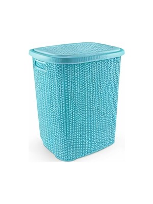 Kirli Çamaşır Sepeti Kapaklı 65 Lt Örgü Desenli Plastik Çamaşır Sepeti Banyo Sepeti - Turkuaz