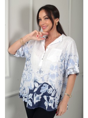 By Saygı Kadın Üç Düğme Detaylı Çiçek Desenli Tek Cepli Italyan Cotton Oversize Bluz