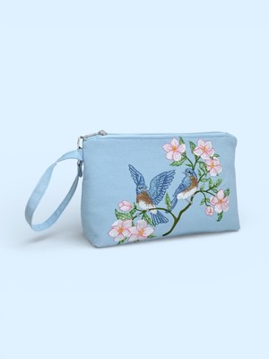 CIGDEMCALISKAN Blue Serenity Kadife Makyaj Çantası & Clutch | Kuş Çiçek Nakışlı, Pamuk Astarlı