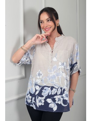 By Saygı Kadın Üç Düğme Detaylı Çiçek Desenli Tek Cepli Italyan Cotton Oversize Bluz