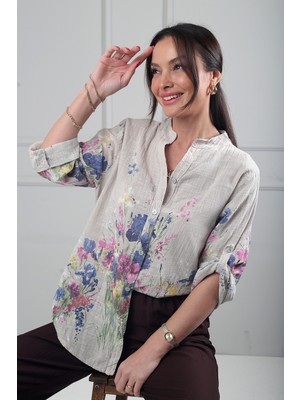 By Saygı Kadın Çiçek Desenli Italyan Cotton Oversize Gömlek