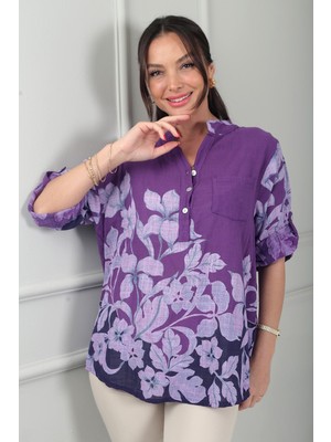 By Saygı Kadın Üç Düğme Detaylı Çiçek Desenli Tek Cepli Italyan Cotton Oversize Bluz