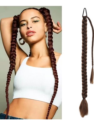 Üçlü Örgülü Tokalı Bağlamalı At Kuyruğu / Kahve