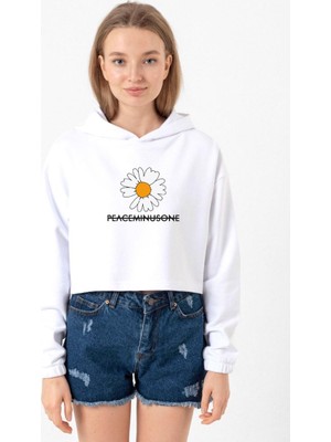 Tshirthane G-Dragon Peaceminusone Beyaz Optik Kadın Crop Kapşonlu