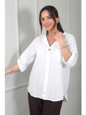 By Saygı Kadın Düğme Detaylı Italyan Cotton Oversize Bluz