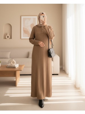 Moda Morfo Polo Yaka Düğmeli Triko Elbise -Vizon