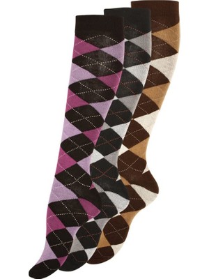 Delixa 3'lü Ekose Baklava (Karo) Desenli Diz Altı Çoraplar, Binicilik Için Uygun (39-42)