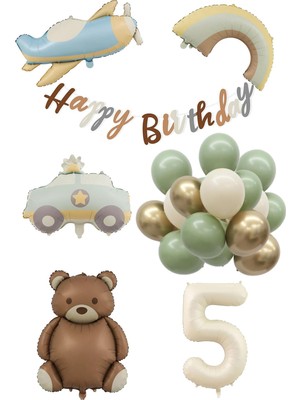 Delixa 2 Yaş Doğum Günü Seti; Uçak, Araba, Gökkuşağı, Ayıcık 20 Adet Lateks Balon Set
