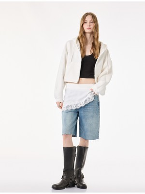Koton Şardonlu Balon Kol Simli Kanguru Cepli Kapüşonlu Fermuarlı Oversize Sweatshirt