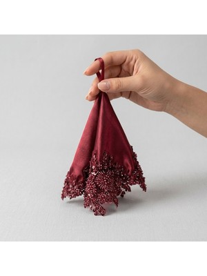 Ceyyiz Bordo El Işlemesi Taşlı ve Boncuklu Gelin Mendili - 40 cm Kına Mendili Gelin El Aksesuarı