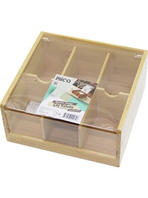 Esranın Dünyası Ahşap Bambu 6 Bölmeli  Poşet Çay Kutusu Mika Plastik Kapak  21X20X10CM (4887)