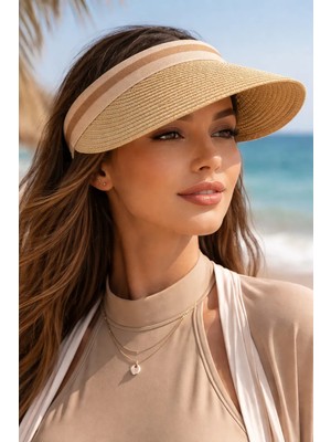 Aydın Şapkacınız Bej Güneş Koruyucu Ithal Şeritli Hasır Vizör Şapka Tesettüre Uygun Taç Model Yazlık  Şapka