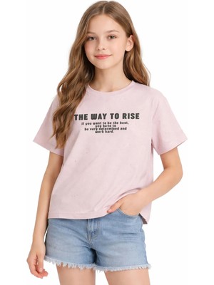İrem Çocuk Giyim Kız Çocuk The Way Yazılı Kendinden Simli Kumaş Pembe Renk Kısa Kol Tişört