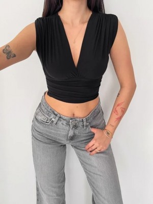 Pileli Store Pilelistore- Vatkalı Kolsuz V Yaka Drapeli Crop Bluz Likralı Fit - Siyah