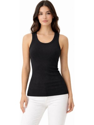 Pileli Store Kadın Fitilli Likralı Kaşkorse Atlet Vücuda Oturan Basic Şıklık - Siyah