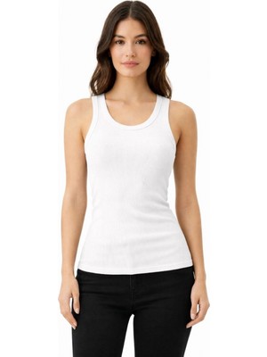 Pileli Store Kadın Fitilli Likralı Kaşkorse Atlet Vücuda Oturan Basic Şıklık - Beyaz