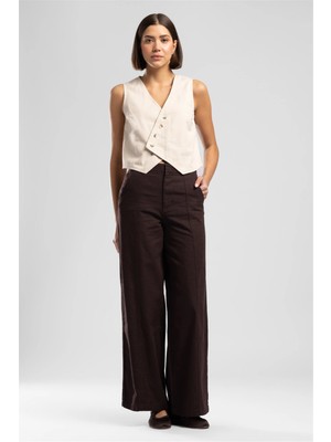 Lee Cooper Krıssy Kadın High Rise Wide Leg %100 Pamuk Pantolon Kahverengi