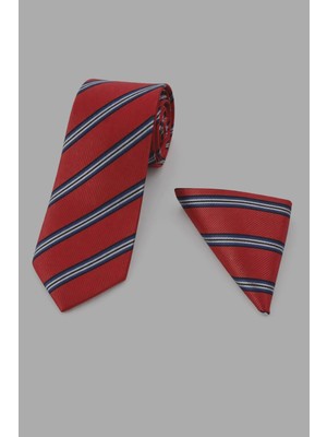 Sdnyazo Louis Cavalle Kırmızı Çizgili Erkek Kravat ve Mendil Seti - Polyester Kumaş
