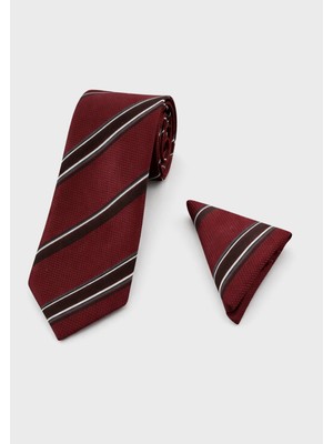 Sdnyazo Louis Cavalle Bordo Çizgili Erkek Kravat ve Mendil Seti - Polyester Kumaş