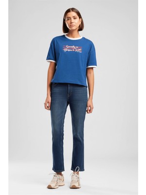 Lee Cooper New Kadın Rahat Kesim Baskılı Bisiklet Yaka T-Shirt Mavi