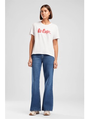 Lee Cooper Londonlogo Kadın Rahat Kesim %100 Pamuk Baskılı Bisiklet Yaka T-Shirt Beyaz