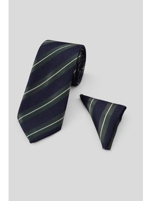 Sdnyazo Louis Cavalle Lacivert Yeşil ve Beyaz Çizgili Erkek Kravat ve Mendil Seti - Polyester Kumaş