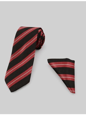 Sdnyazo Louis Cavalle Siyah Kırmızı ve Beyaz Çizgili Erkek Kravat ve Mendil Seti - Polyester Kumaş