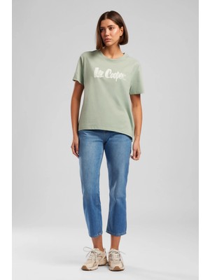 Lee Cooper Londonlogo Kadın Rahat Kesim %100 Pamuk Baskılı Bisiklet Yaka T-Shirt Yeşil